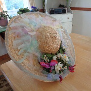 VINTAGE WOMEN'S YELLOW STRAW HAT WITH FLORALS & MULTI COLORED FEATHERS